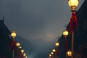 雾港码头夜色，路灯映在湿漉漉的石板路上